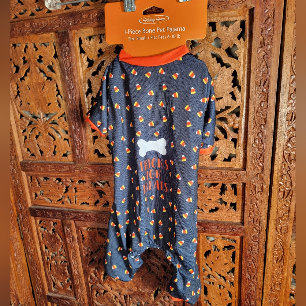 Halloween "Tricks For Treats" Black with Candy Corn Print Dog Pajamas, Size S